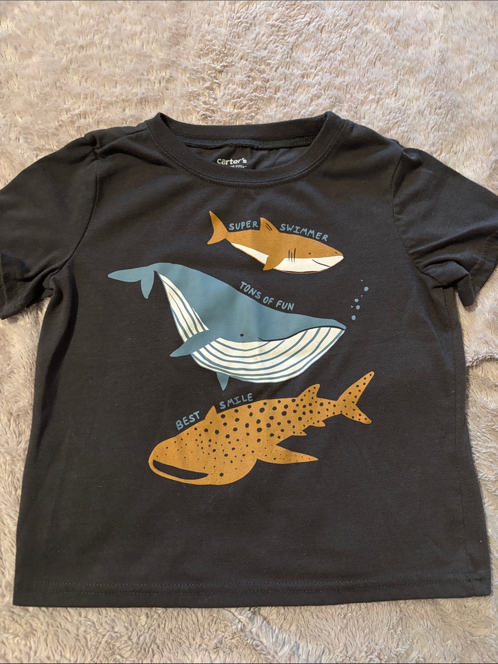 Carter's Black Tee with Blue Whale and Brown-Gold Fish